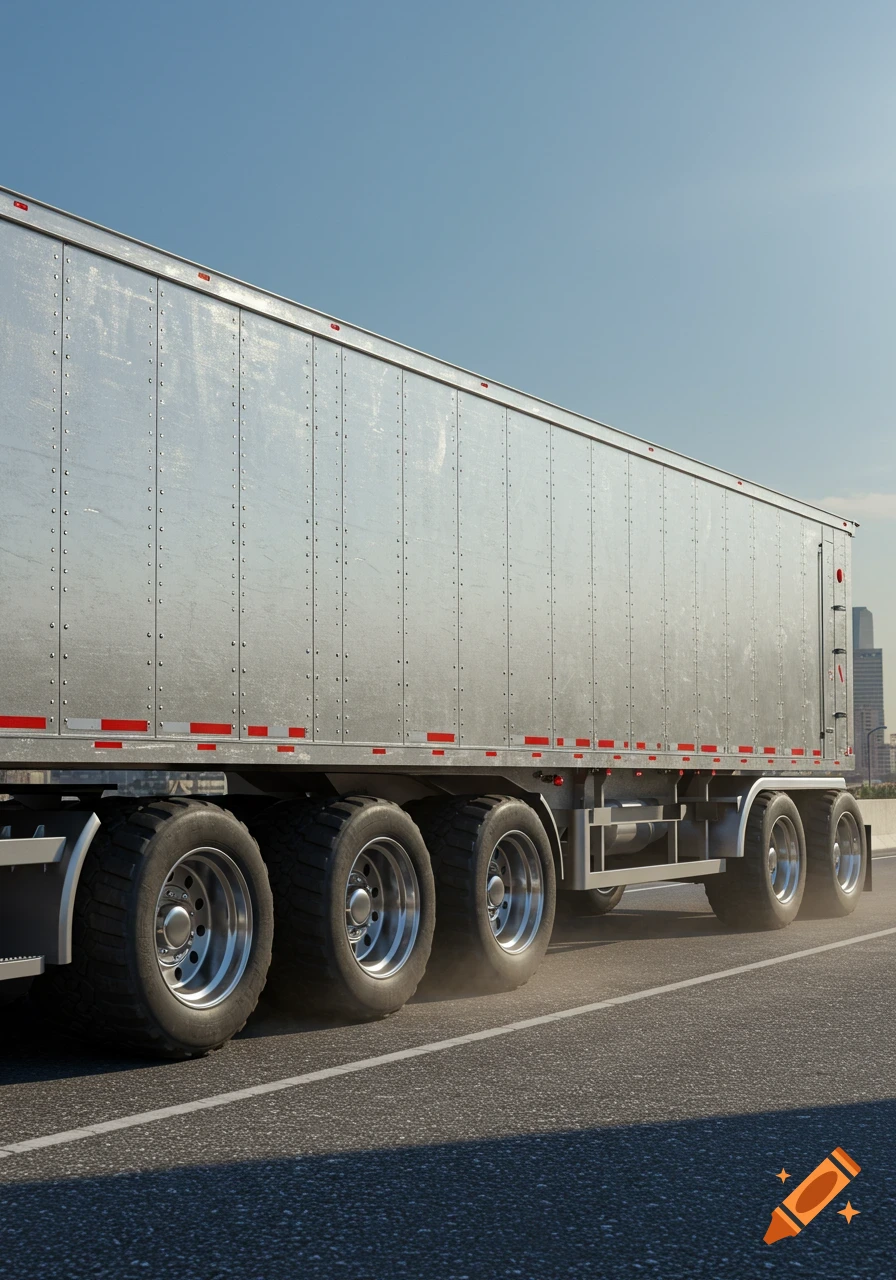 A photorealistic side view of a large silver semi-trailer truck driving on a highway under a clear blue sky.