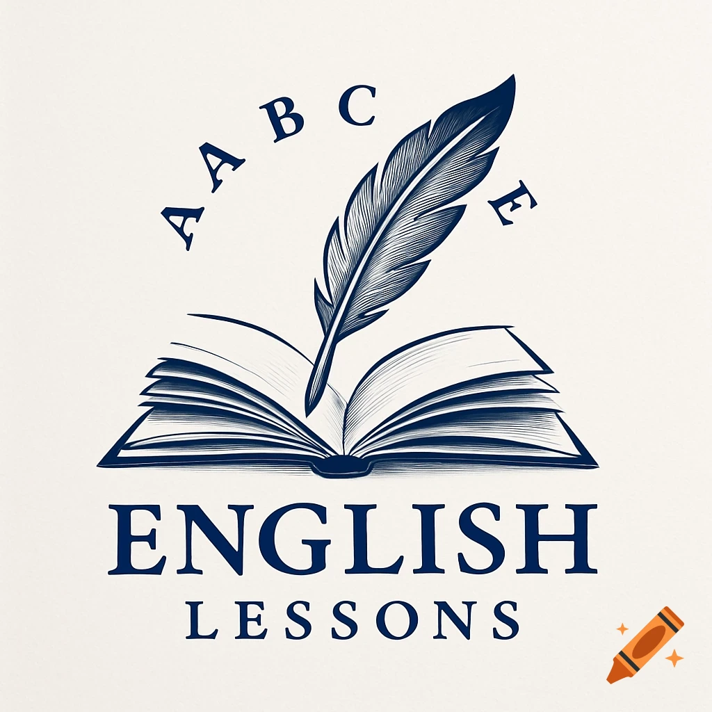 A vintage-style logo featuring an open book and a quill pen, with the words 'ENGLISH LESSONS' below and scattered letters 'AABC E' above.
