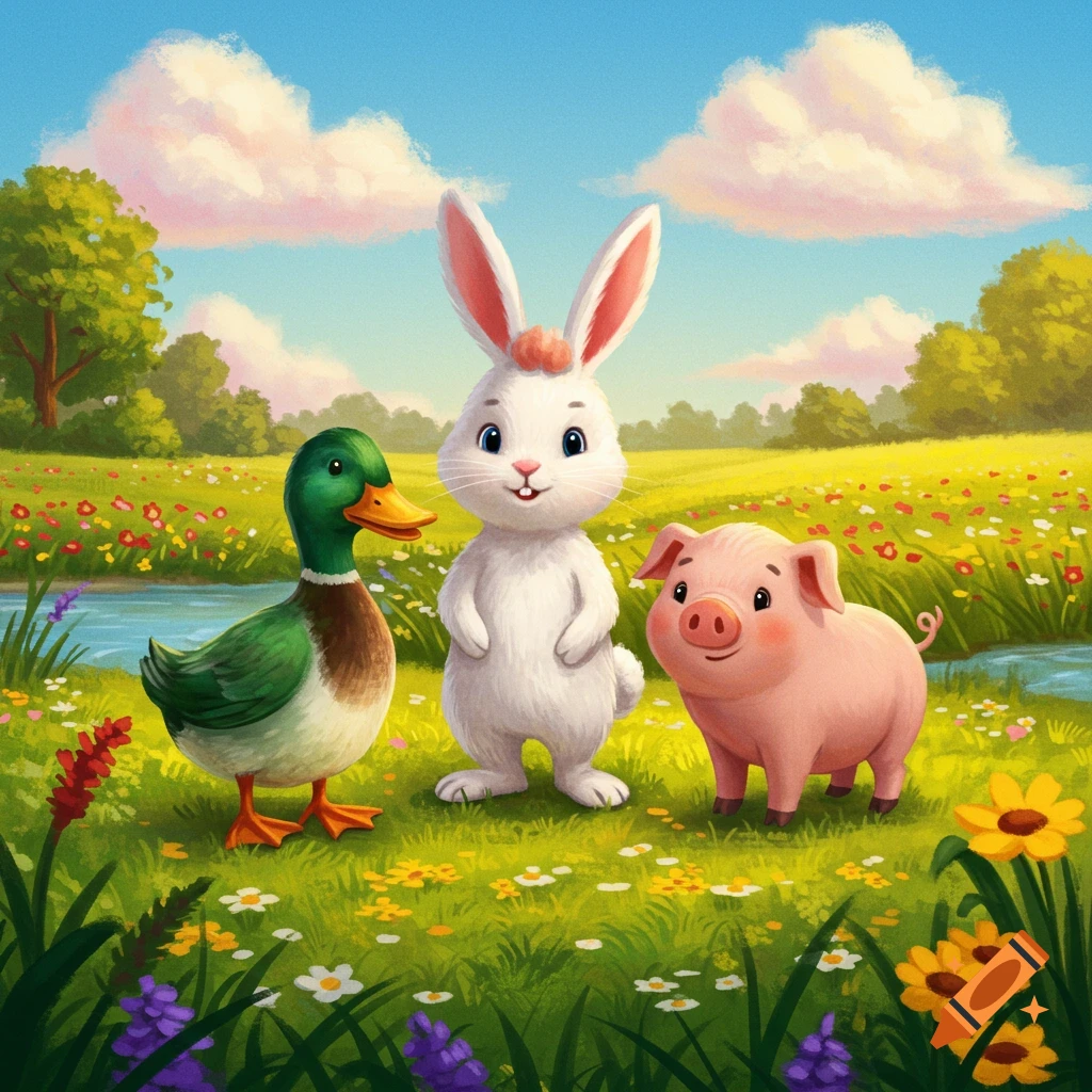 A cute cartoon duck, white rabbit, and pink pig stand in a vibrant green field filled with colorful flowers under a blue sky with fluffy clouds.