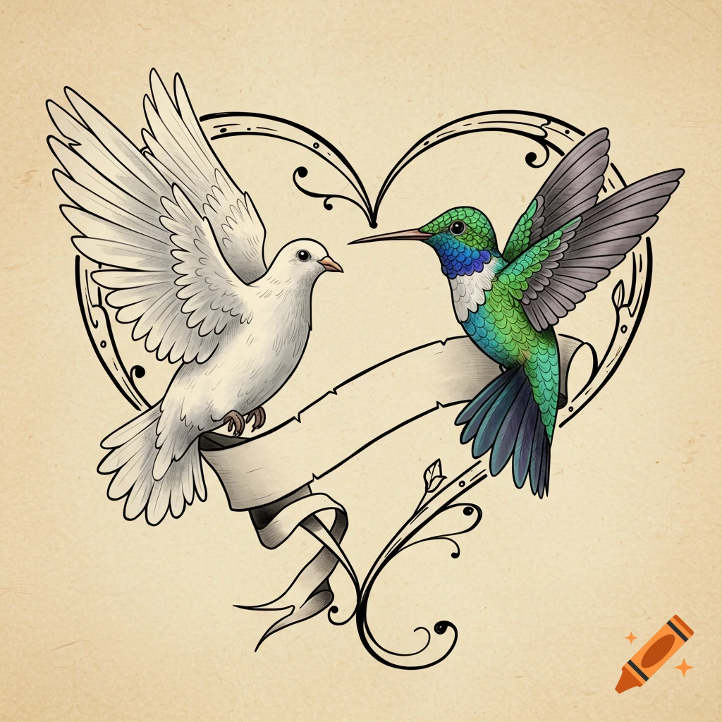 Tattoo style illustration of a white dove and colorful hummingbird within a heart outline with a blank ribbon.