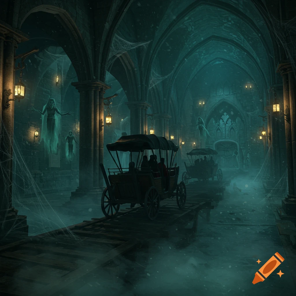 Carriages on tracks pass through a dark, cobweb-filled gothic crypt with glowing ghostly figures and lanterns, in a spooky, atmospheric style.