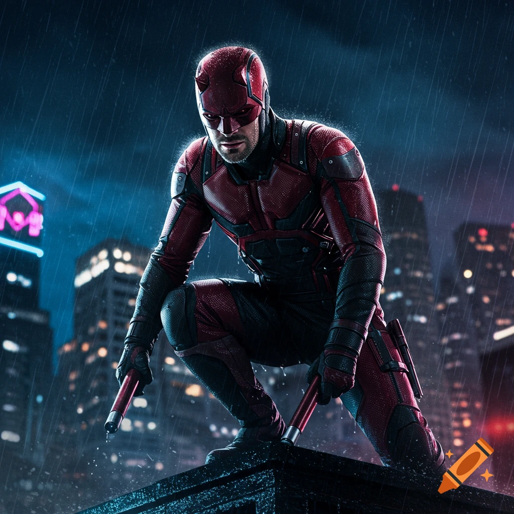 Daredevil crouches on a rainy rooftop at night, holding his batons, with city lights in the blurred background. Photorealistic style.