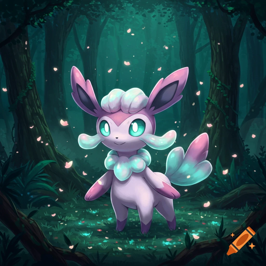 A cute, light purple and pink fantasy creature with large ears and teal eyes stands in a dark, magical forest with glowing petals, stylized illustration.