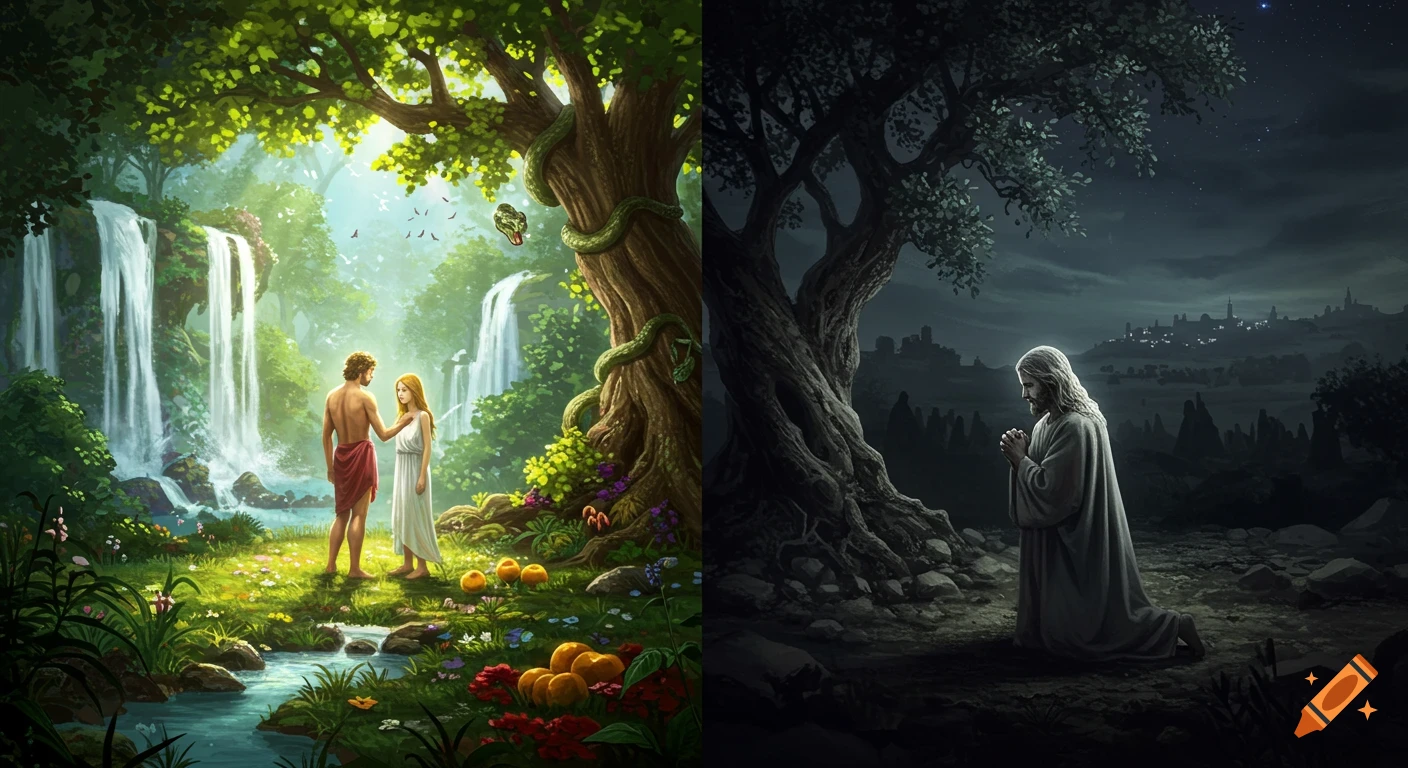Two biblical scenes: Adam and Eve in lush, bright Eden with a serpent, and Jesus kneeling in dark Gethsemane.