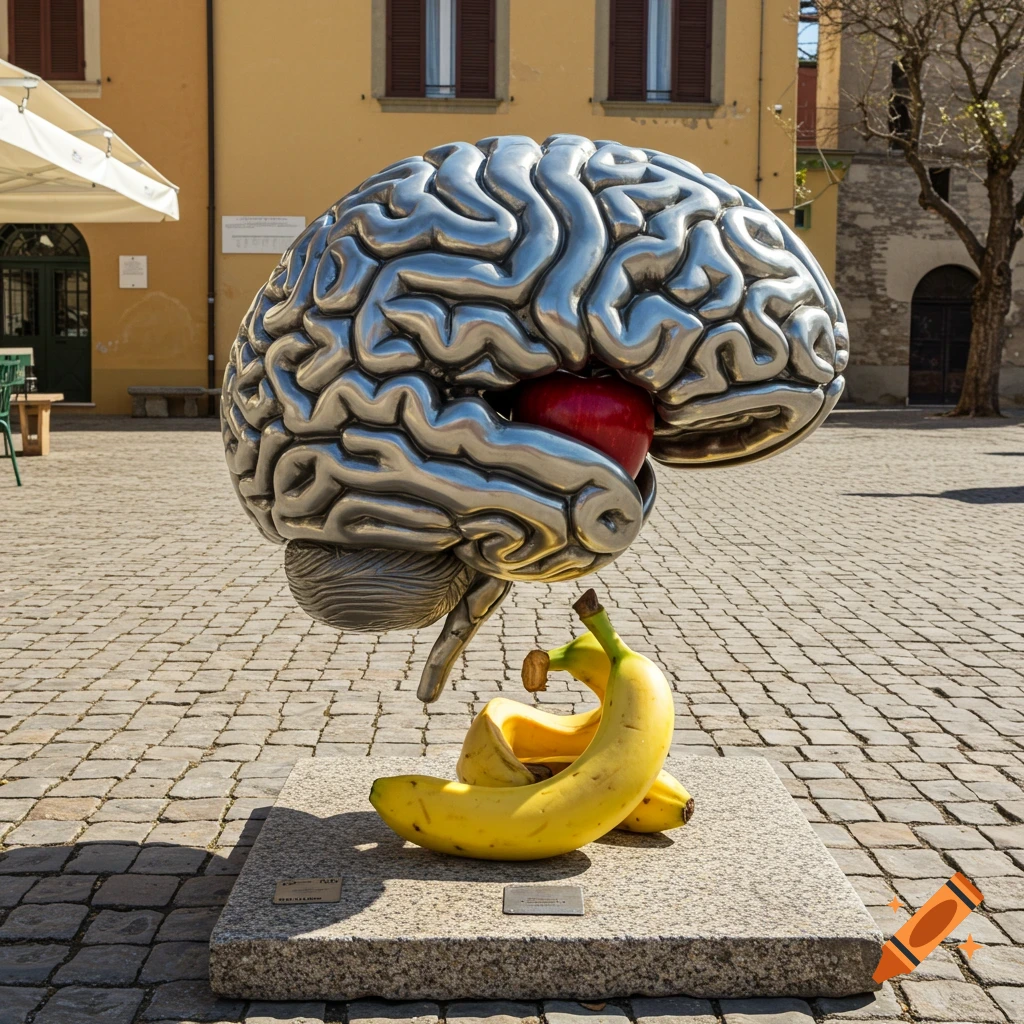 A large metallic brain sculpture with a red apple core and bananas at its base, set on a cobblestone piazza in a whimsical, photorealistic style.