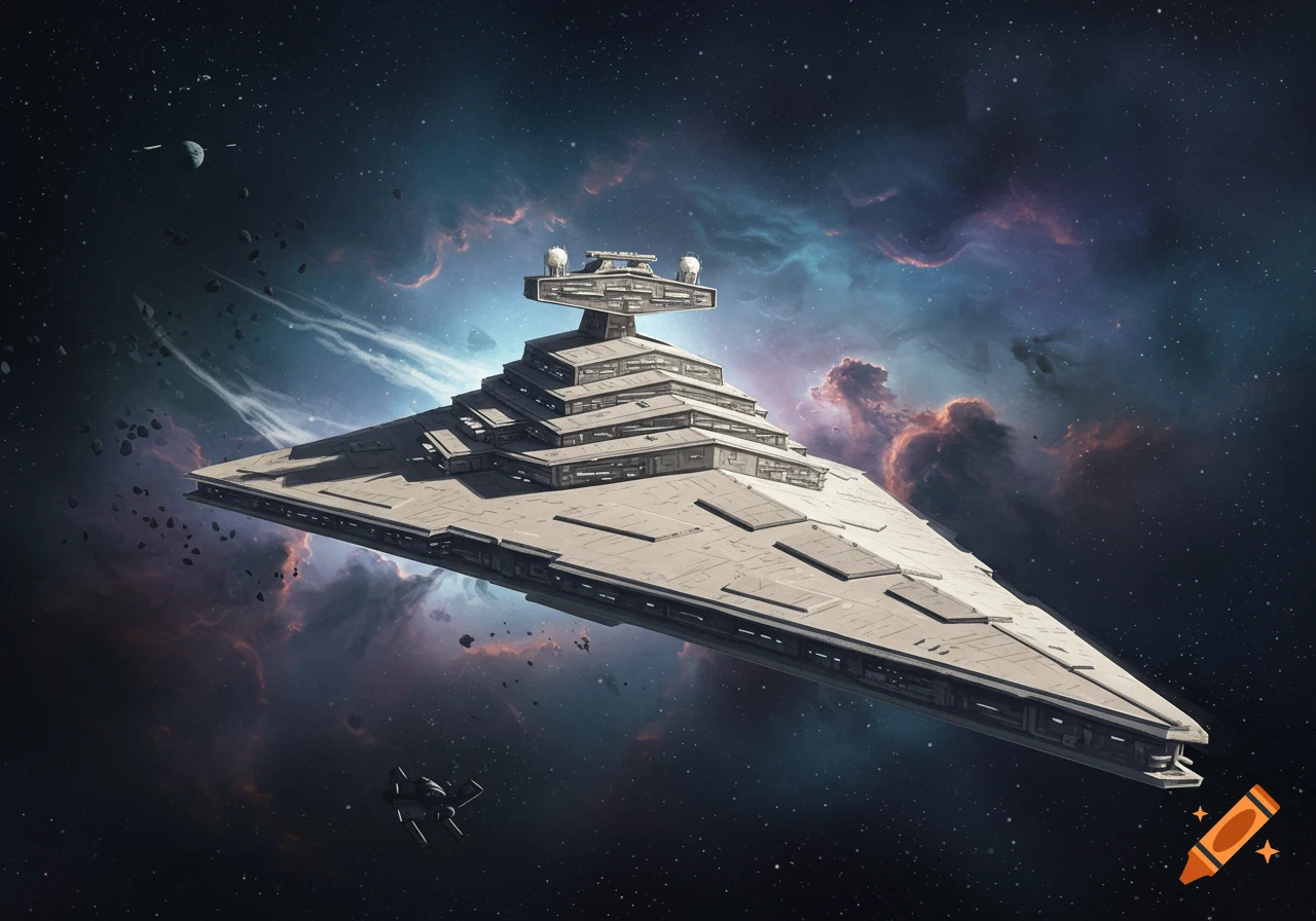 A large, gray Star Destroyer spaceship flies through a vibrant nebula in space, surrounded by asteroids.