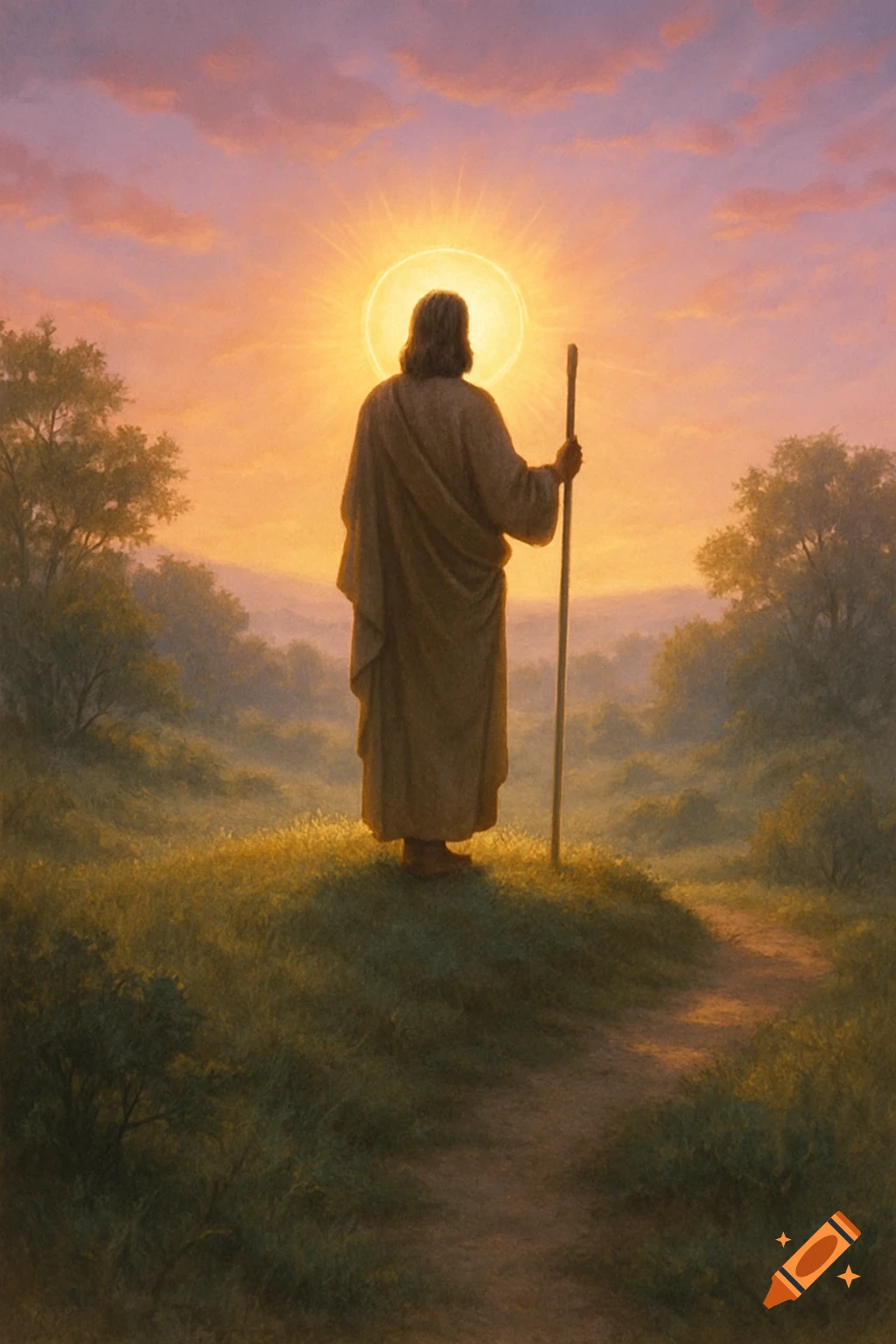 A robed figure with a halo and staff stands on a grassy hill, facing a vibrant sunset over a misty landscape.