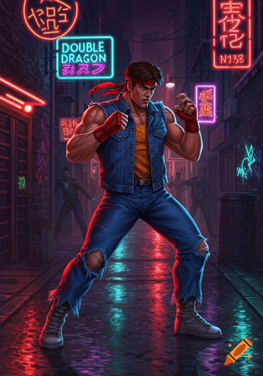 Muscular man in a blue denim vest and ripped jeans in a fighting stance in a neon-lit urban alleyway, reflections on wet ground, video game art style.
