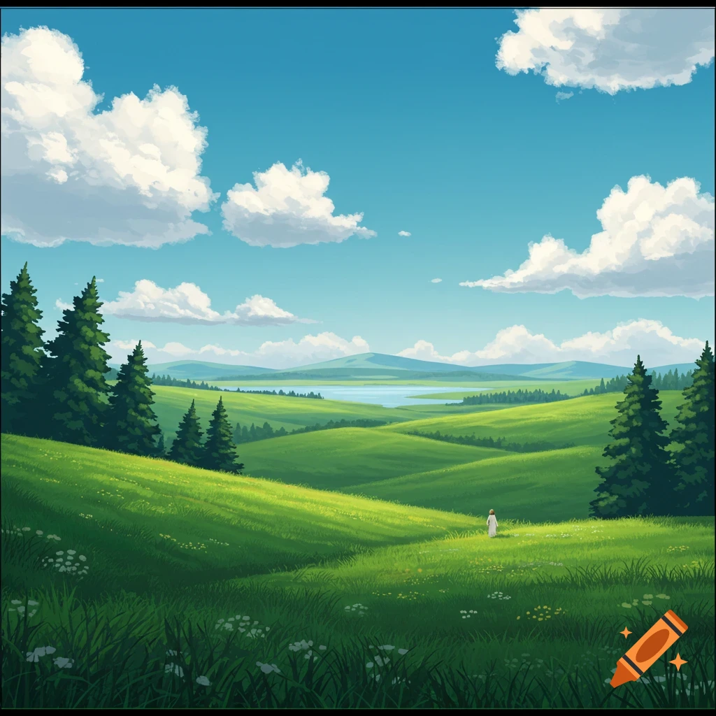 Anime style illustration of rolling green hills, a lake, evergreen trees, and a lone figure under a blue sky with white clouds.
