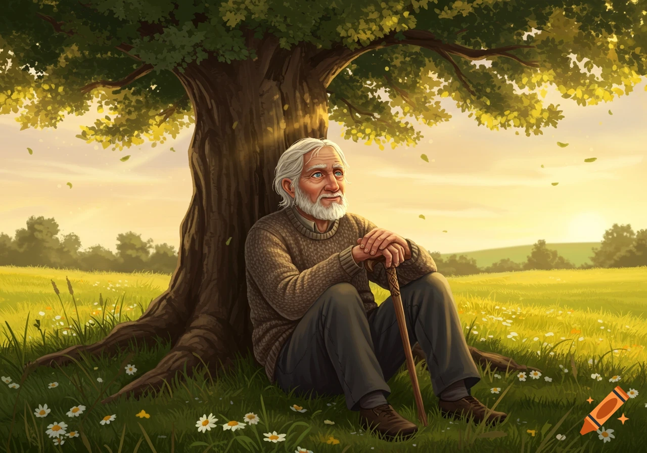 A serene old man with a beard sits under a large tree in a sunny, flower-filled field, holding a cane. Illustration.