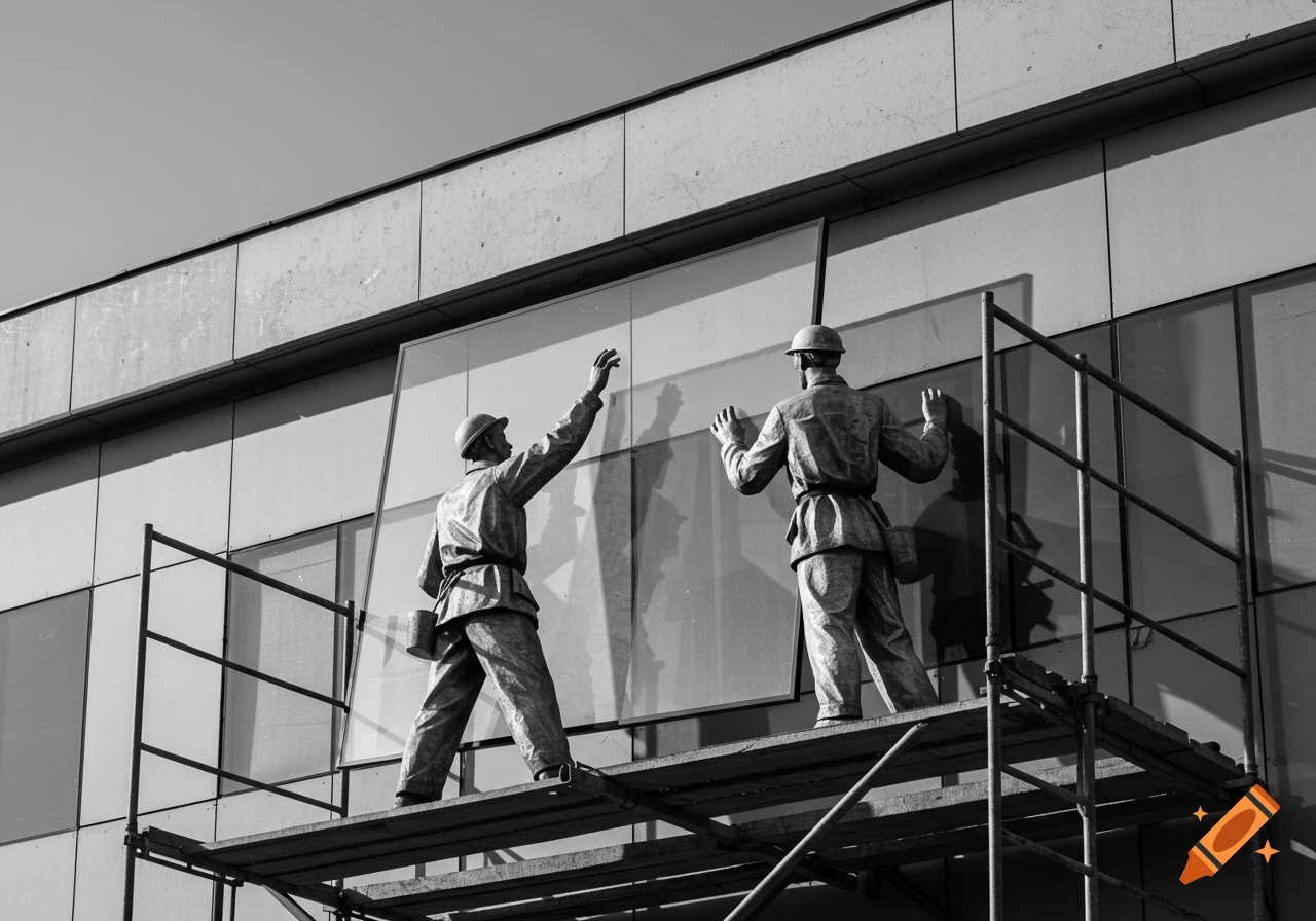 Two stylized men in Soviet Constructivism style on scaffolding install glass on a building, in black and white.