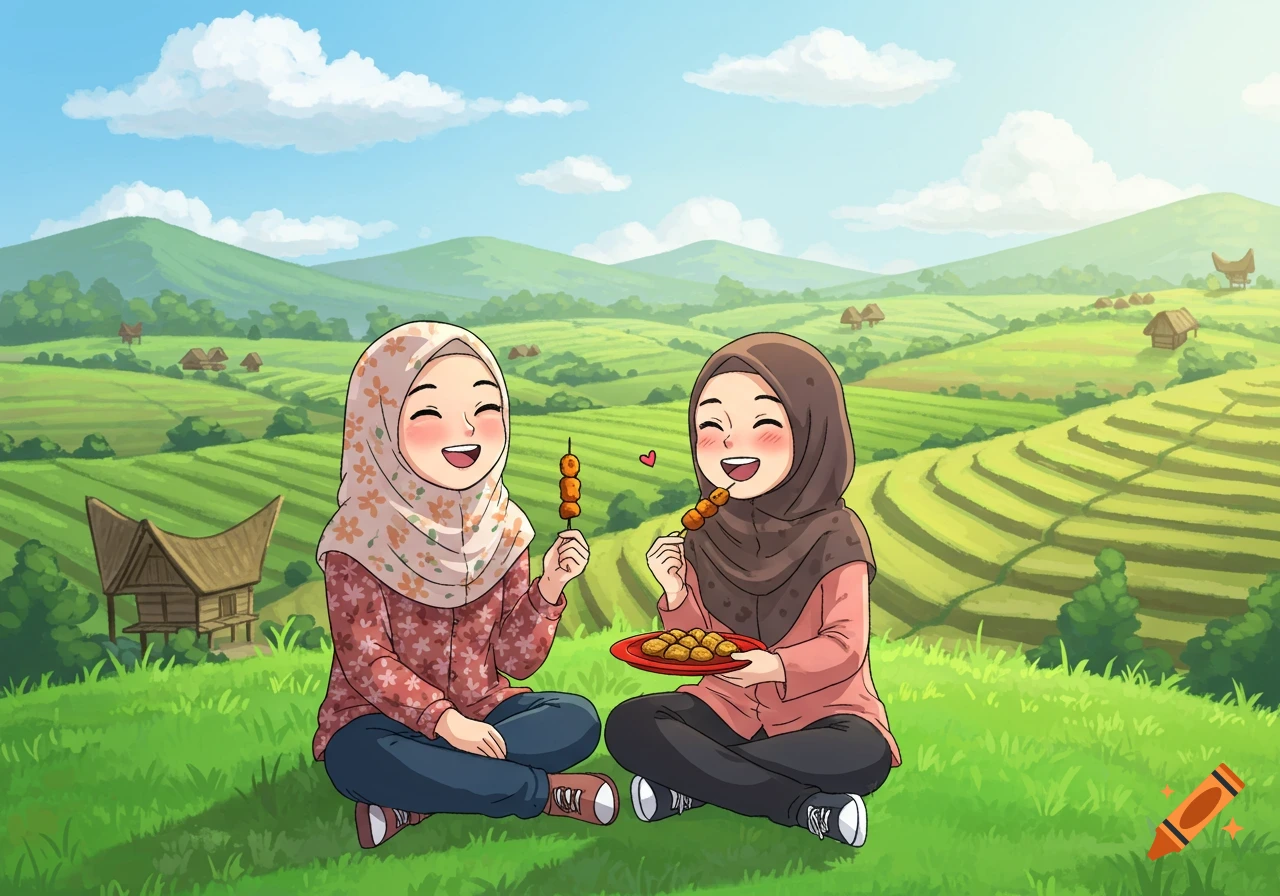 Cartoon of two smiling hijabi girls eating skewers in a green rice field with mountains and traditional houses.