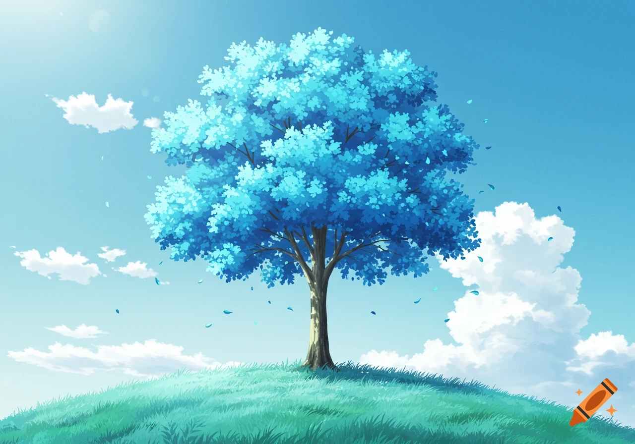 Anime style illustration of a blue-leafed tree on a grassy hill under a bright blue sky with scattered clouds.