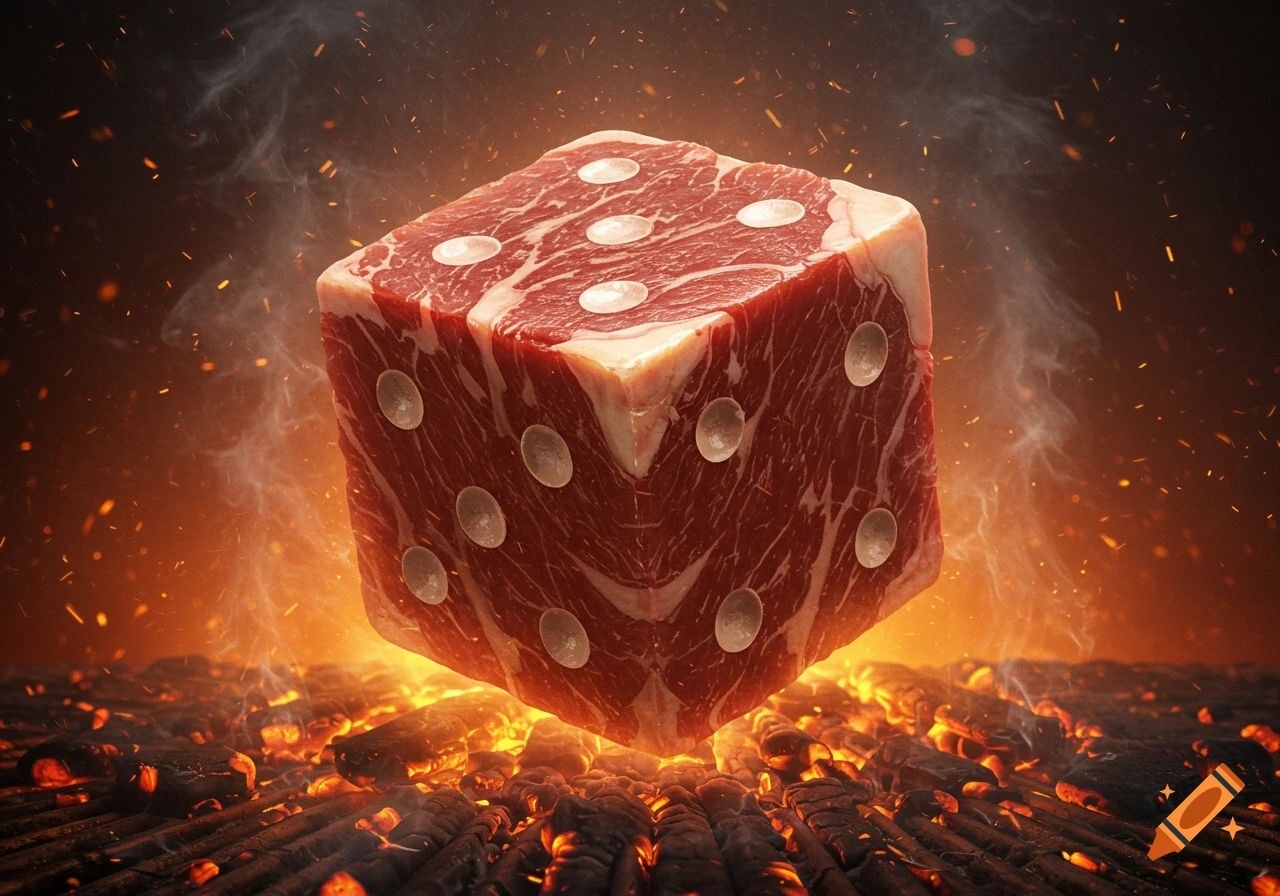 A photorealistic raw meat die with white pips floats above a fiery grill with hot coals and smoke.