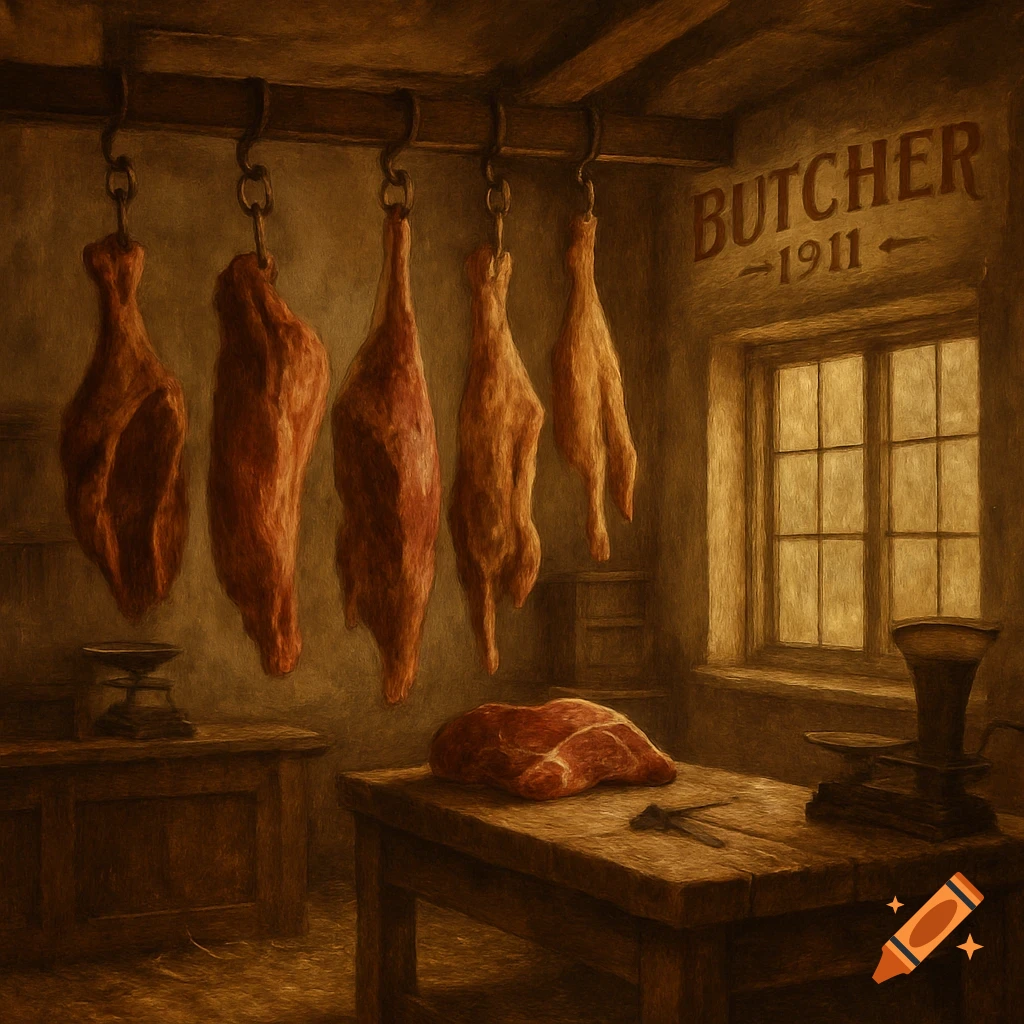 A vintage butcher shop interior with raw meat hanging from hooks and a large cut of meat on a wooden table, in a painterly style.