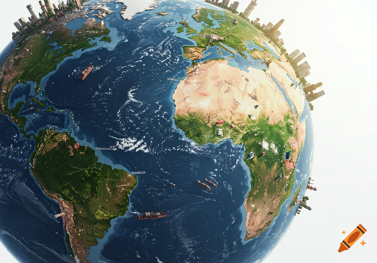 Stylized, detailed view of Earth showing continents, oceans, miniature cities, and ships. Represents human geography.