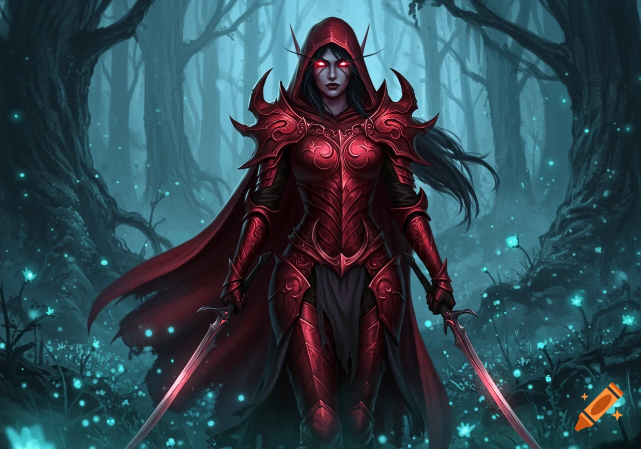A fierce shadow elf in ornate red armor, hooded, with glowing red eyes, wields two swords in a mystical forest. Digital painting.
