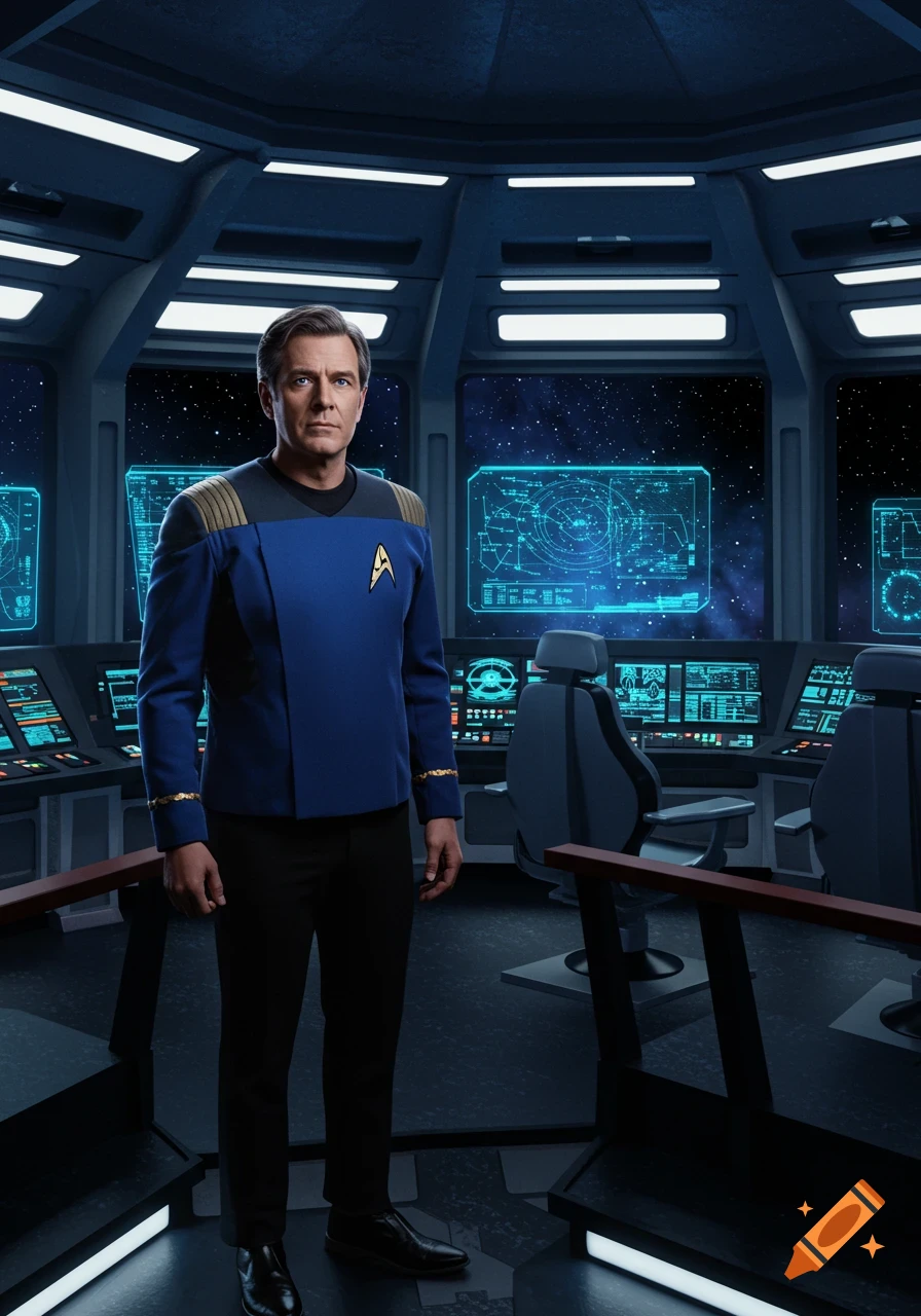 A photorealistic image of a man in a blue Starfleet uniform standing on a spaceship bridge.