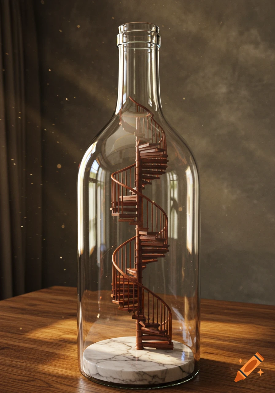 A detailed, photorealistic image of a miniature wooden spiral staircase inside a clear glass bottle, sitting on a wooden table.