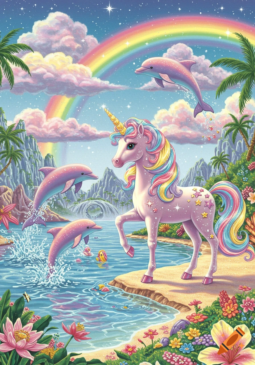 Vibrant Lisa Frank style illustration of a pink unicorn on a tropical beach with pink dolphins leaping from sparkling water under a rainbow sky.