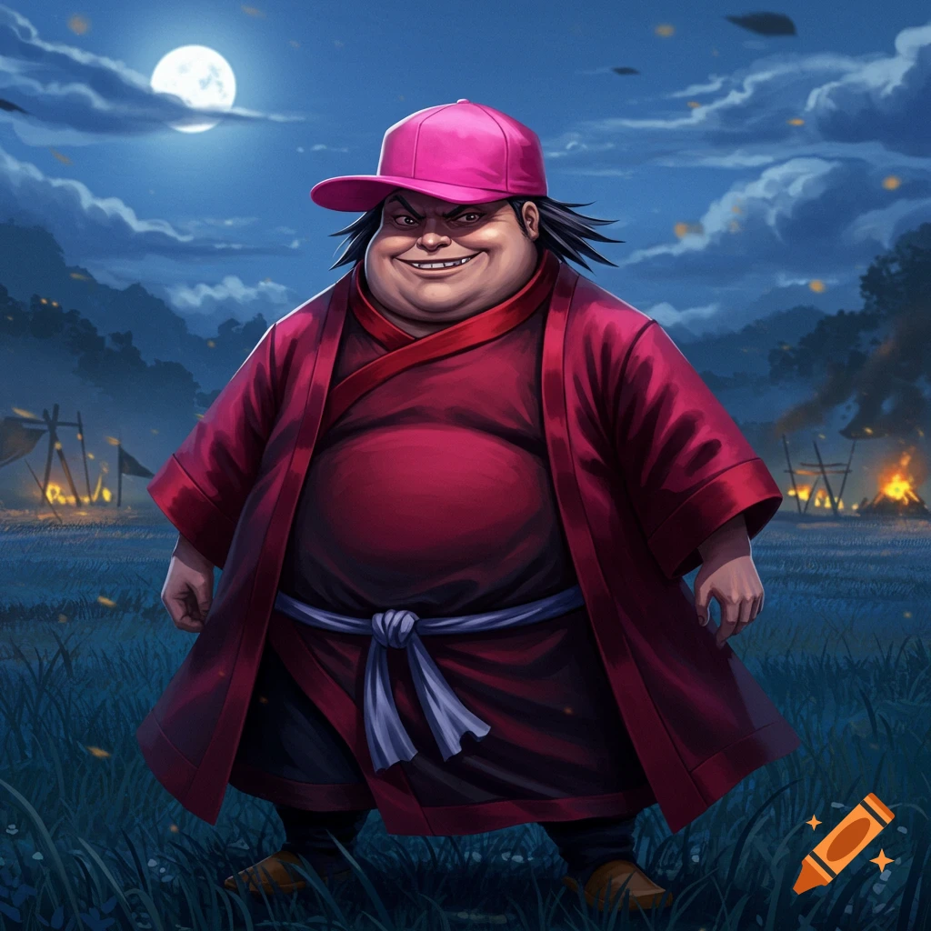 A round, smirking man in a red robe and pink baseball hat stands in tall grass at night under a full moon with distant campfires, in a cartoon style.