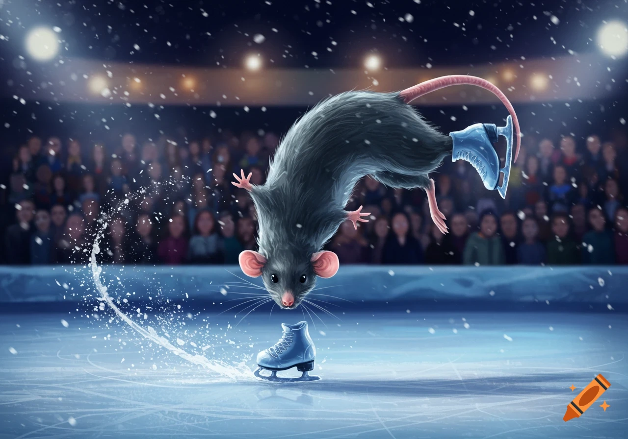 Cartoon rat in blue ice skates performs a backflip over an ice rink with splashing water and falling snow, watched by a crowd.