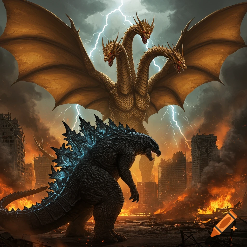 Godzilla and King Ghidorah battle in a destroyed city under lightning.
