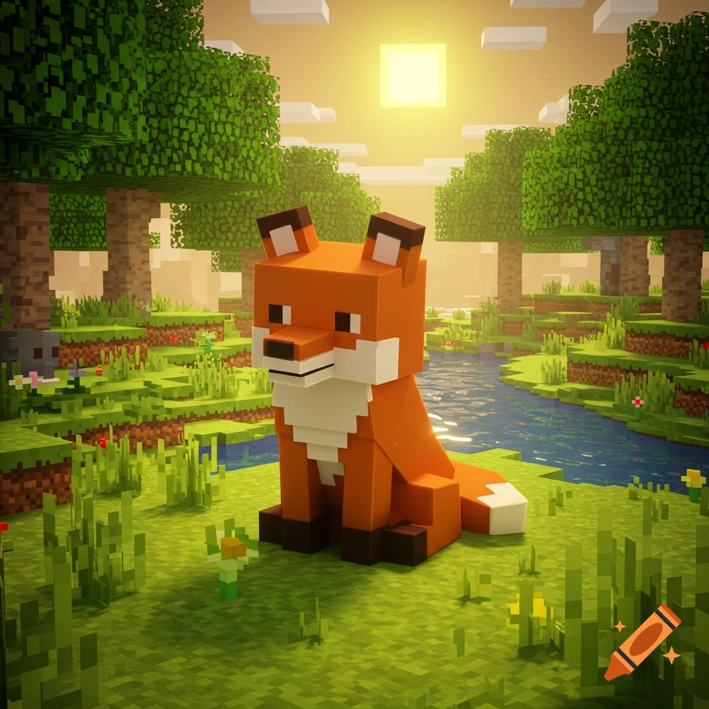 A blocky orange fox sits in a lush green Minecraft-style landscape with a river and trees under a bright sun.