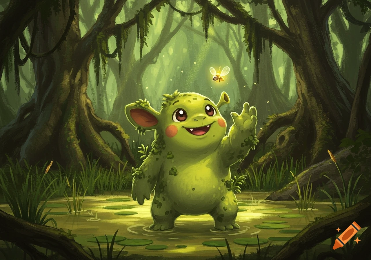 A cute, green, mossy creature resembling a Shrek-like Pokémon stands in a vibrant swamp, waving at a glowing firefly.