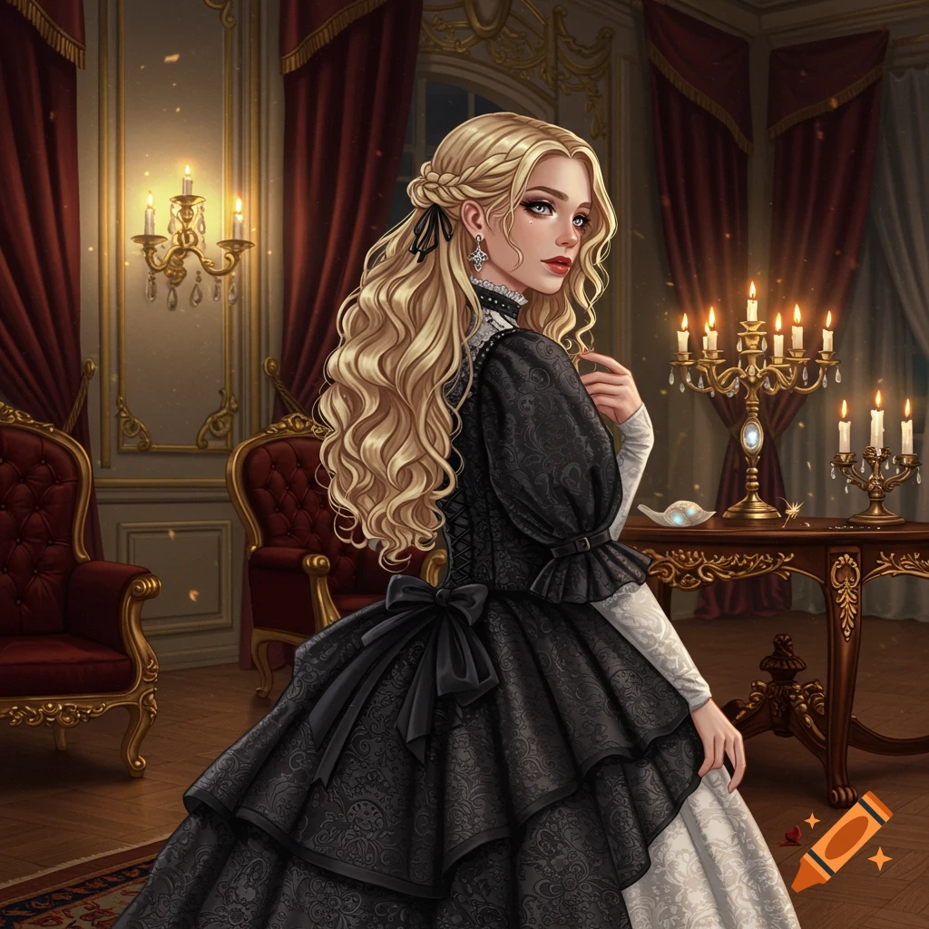 A semi-cartoon illustration of a blonde woman in an elaborate black and white Victorian dress in an opulent room.