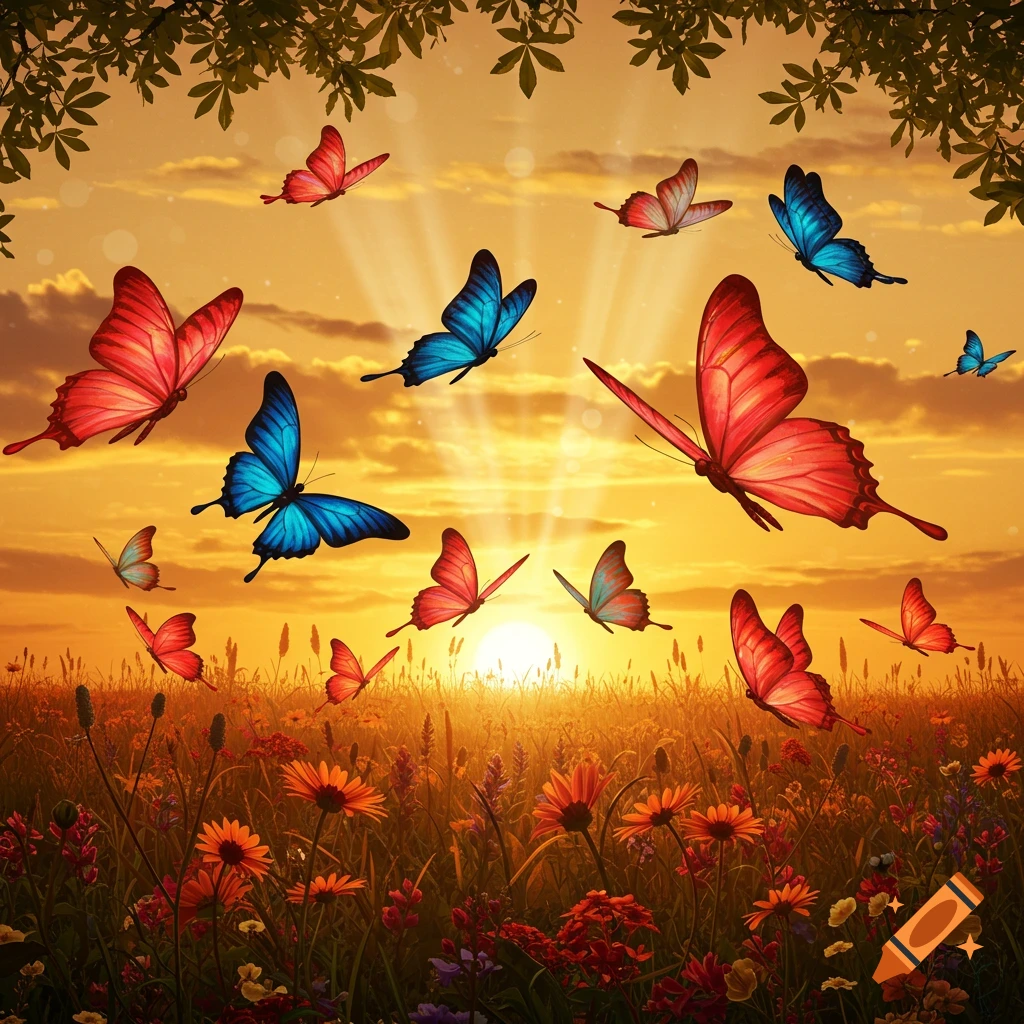 Vibrant red and blue butterflies fly over a field of wildflowers at sunset, with warm golden light and silhouettes of leaves.