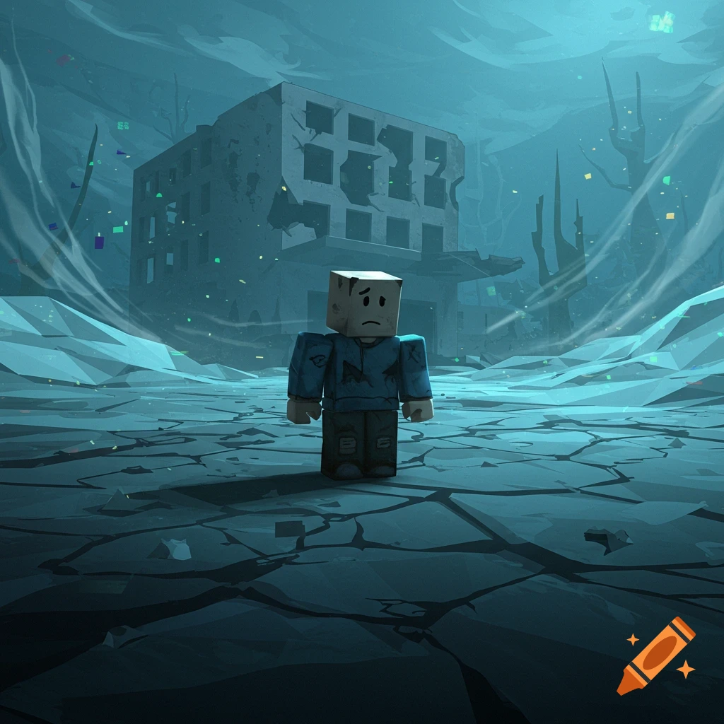 A blocky Roblox-style character with a sad face stands in a desolate, cracked landscape with a ruined building and floating digital particles. Digital art.