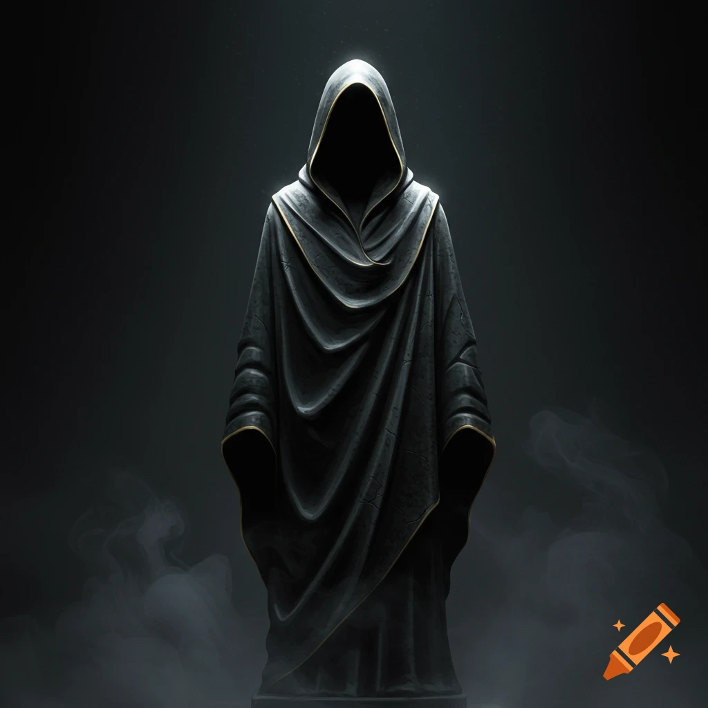A mysterious dark hooded figure, appearing carved from stone, stands in a dramatic gradient-lit, smoky setting.