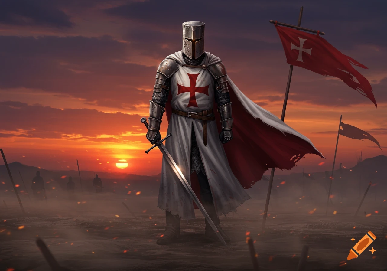 A crusader knight in armor with a red cross surcoat stands on a battlefield at sunset, holding a sword. A red flag waves nearby.