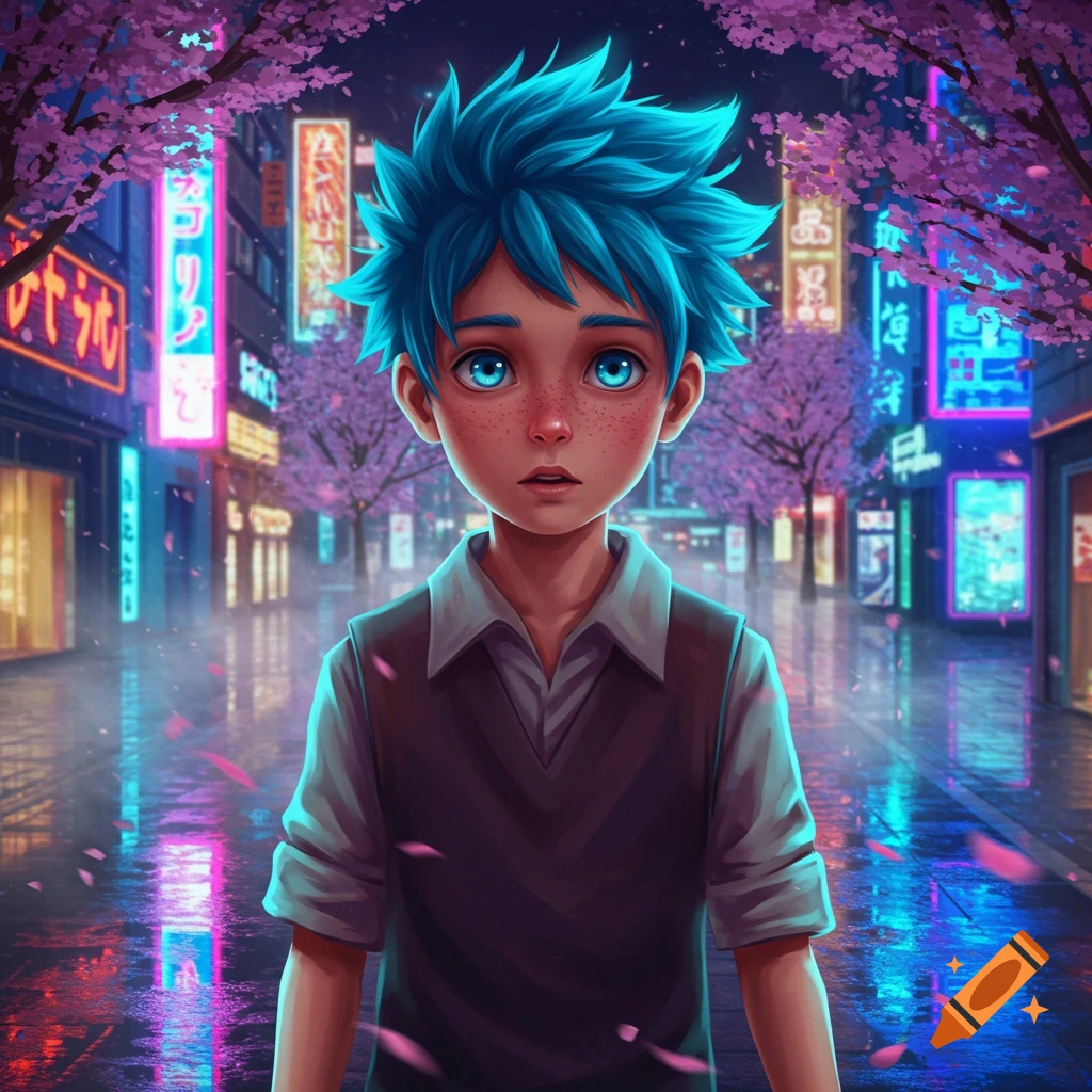 Anime boy with blue hair and freckles in a neon-lit city street with cherry blossoms.