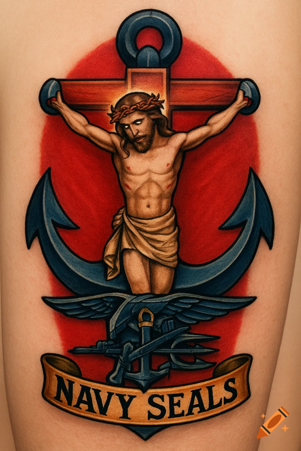 Stylized tattoo design depicting Jesus on a cross over a large blue anchor, with the Navy Seals emblem and 'NAVY SEALS' text on a banner below, against a red background.