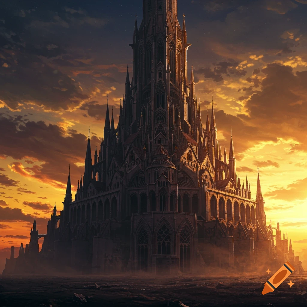 A grand gothic fortress with many spires silhouetted against a dramatic orange and yellow sunset sky in an anime style.