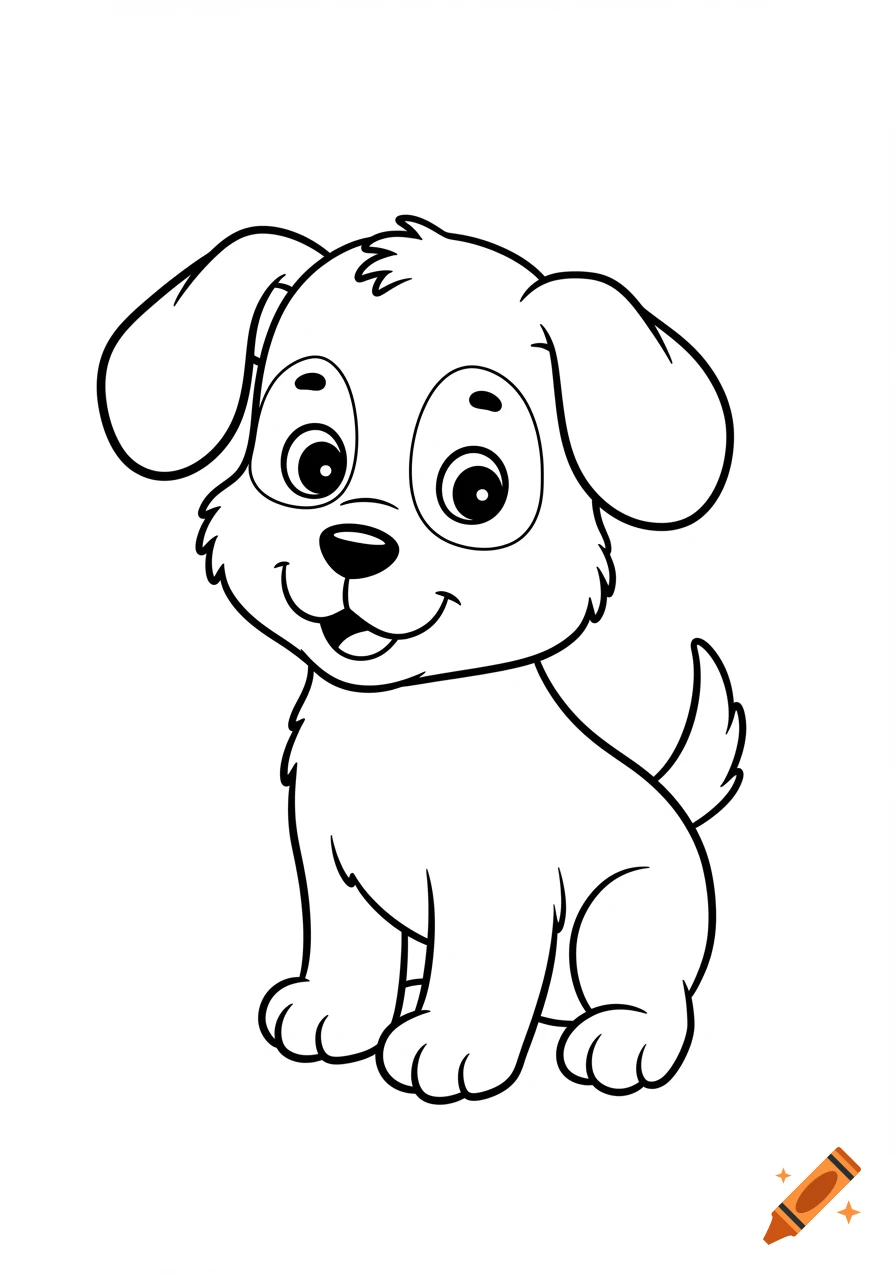 A cute cartoon puppy sitting, drawn in simple black and white line art style for a children's coloring book.
