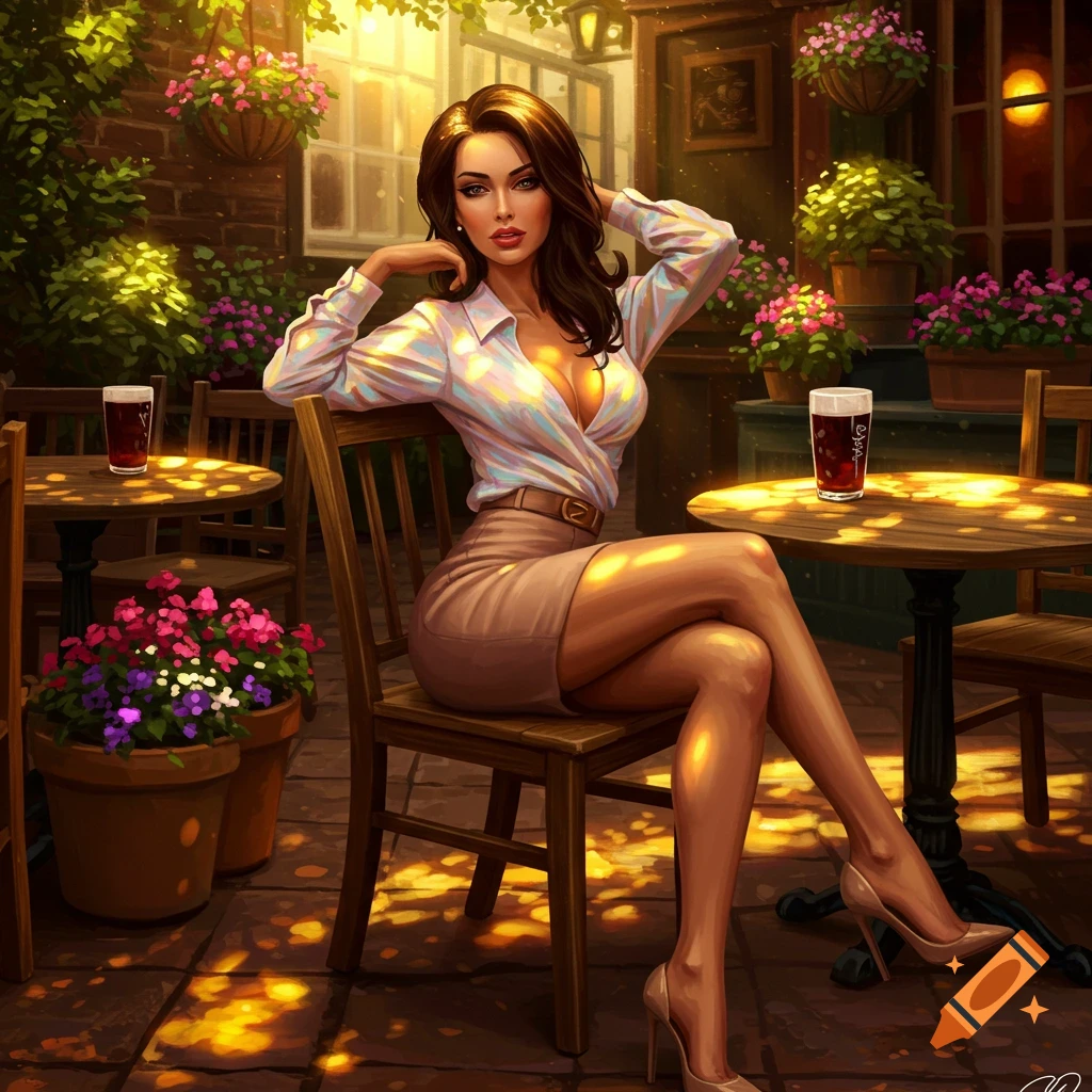 A stylish woman in a blouse and miniskirt sits at an outdoor cafe table on a sunny day in a digital art style.