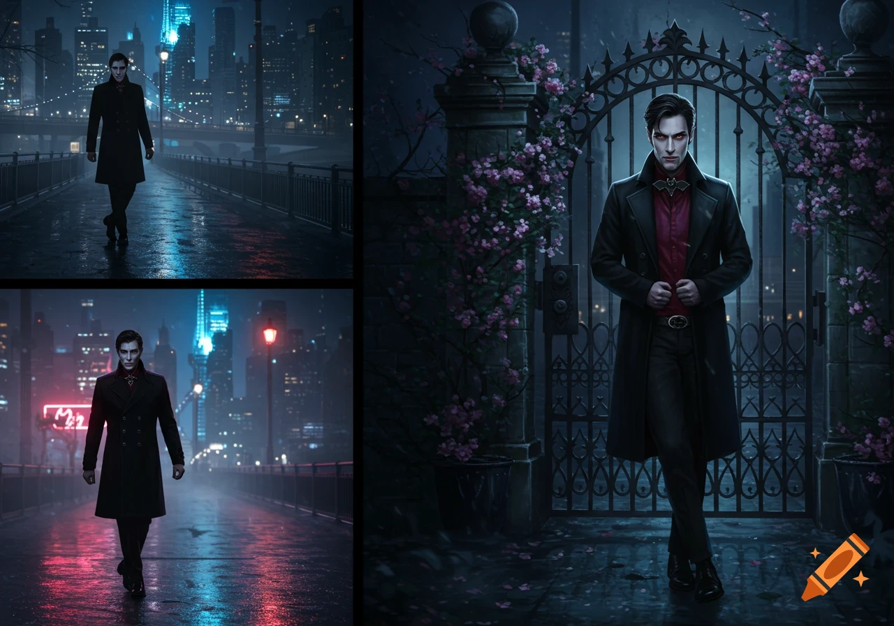 Multiple illustrations of a vampire in a trench coat, one on a rainy city street and another at a gothic gate.