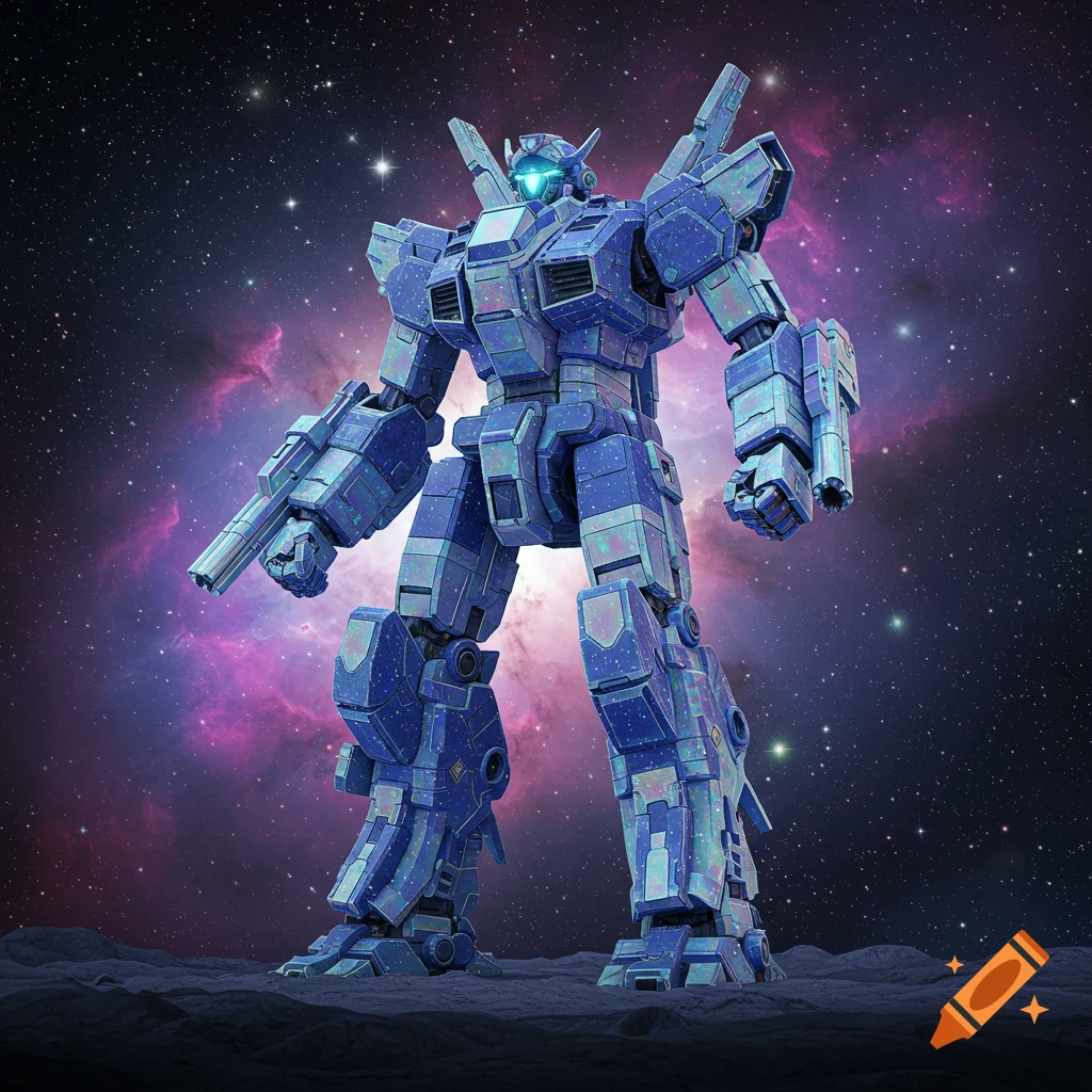 A blue, iridescent mecha robot stands on a cratered moon surface, with a vibrant purple and blue nebula and stars in the background.