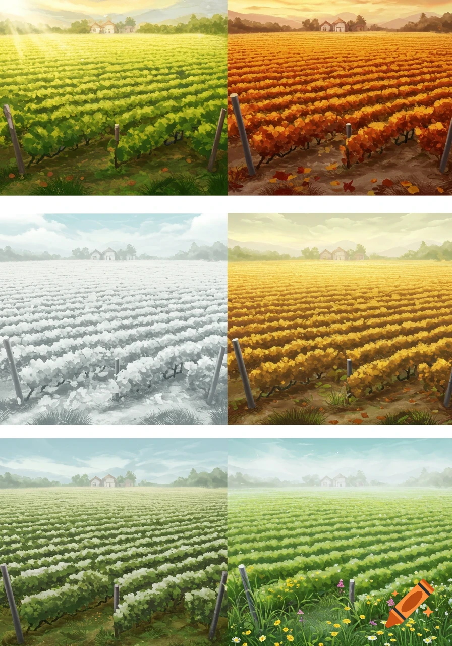 Six illustrated panels of vineyard landscapes showcasing different seasons with varied foliage colors and skies.