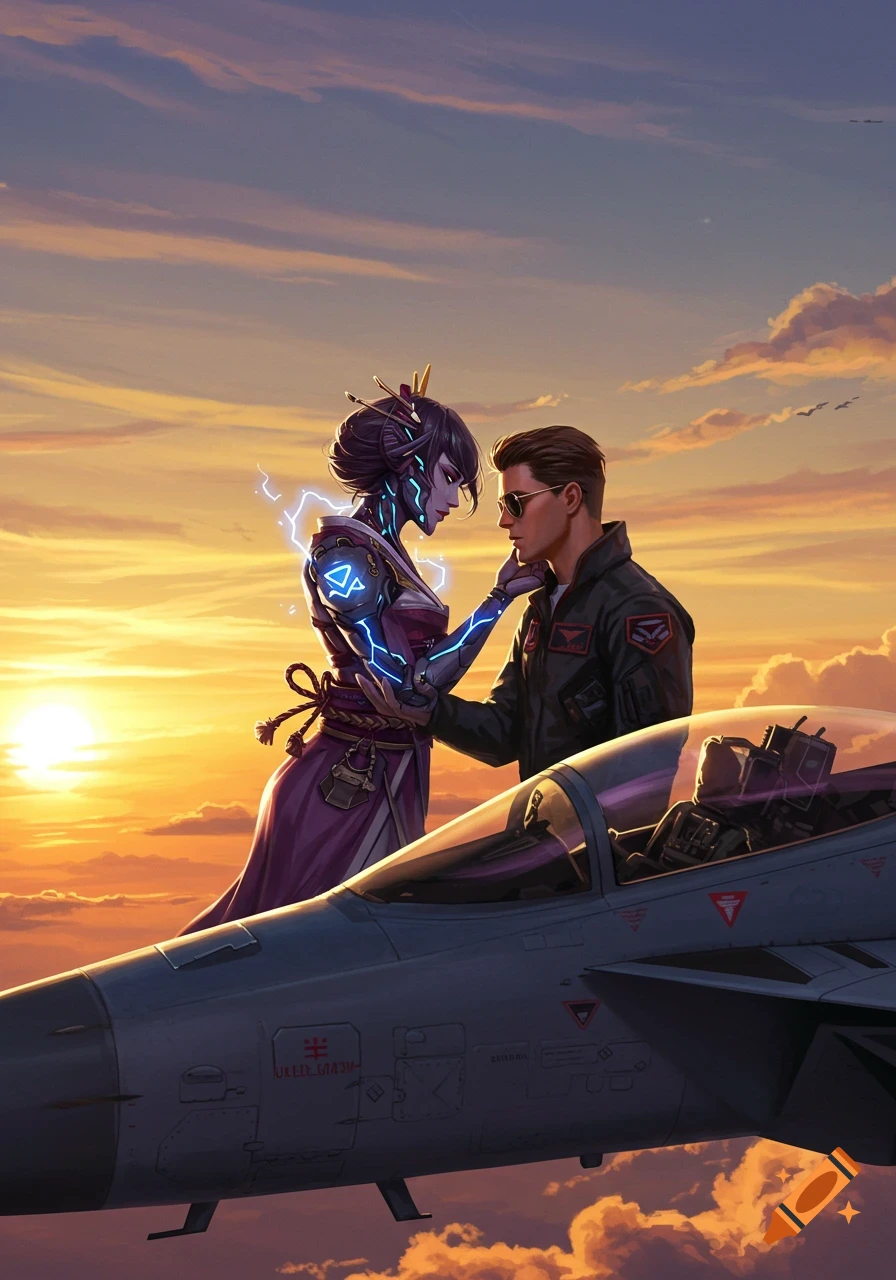 A cyborg woman with glowing blue lines on her body and a man in a flight jacket stand intimately by a fighter jet at sunset, high above the clouds. The woman's hand is on the man's face.