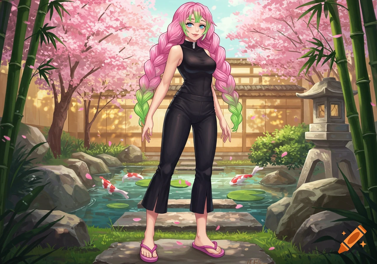 Anime character Mitsuri Kanroji in a black outfit and pink flip-flops stands in a cherry blossom-filled Japanese garden with a koi pond and bamboo.