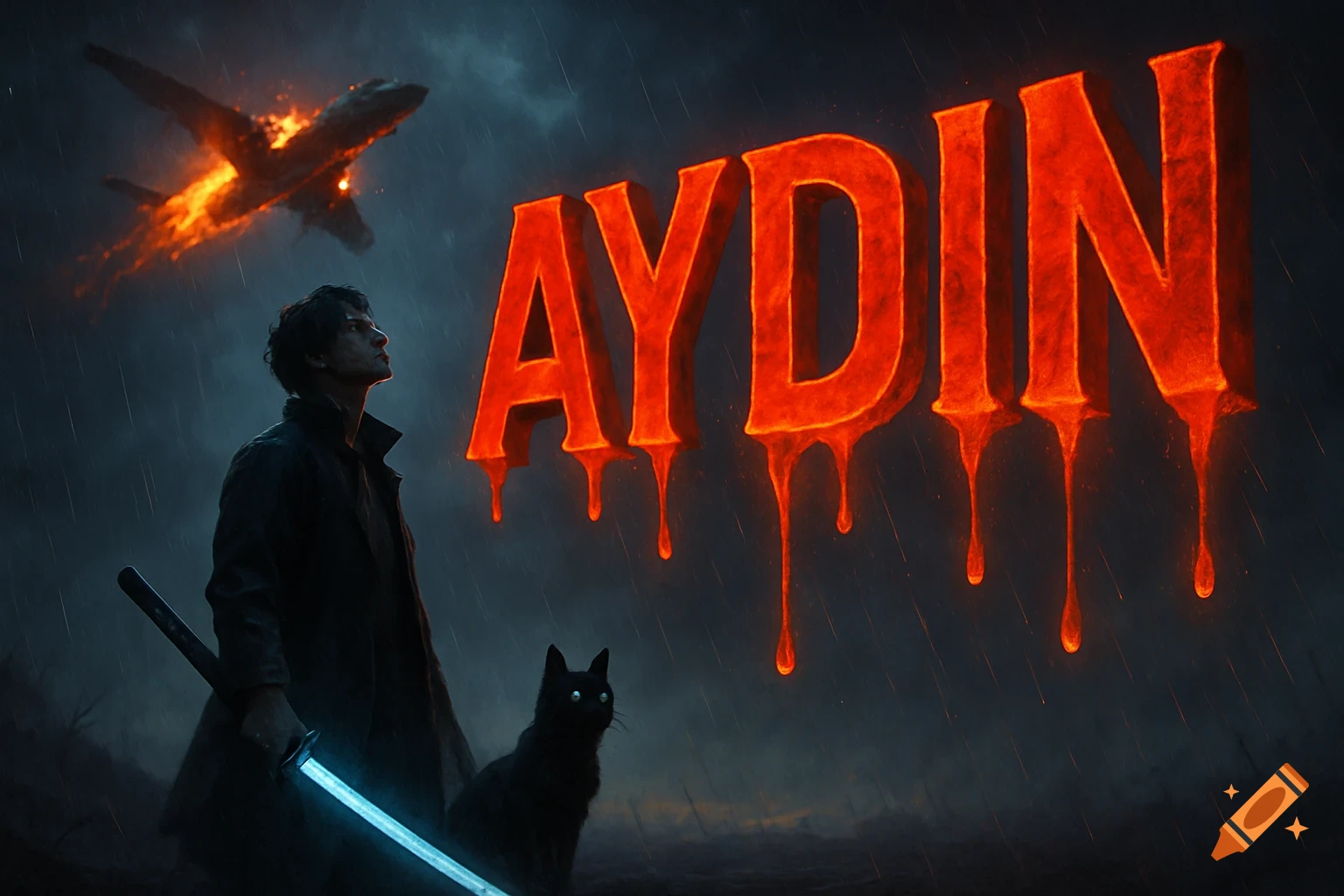 A man with a glowing katana and a black cat stand in the rain, looking up at a burning plane and the glowing, dripping word 'AYDIN'.
