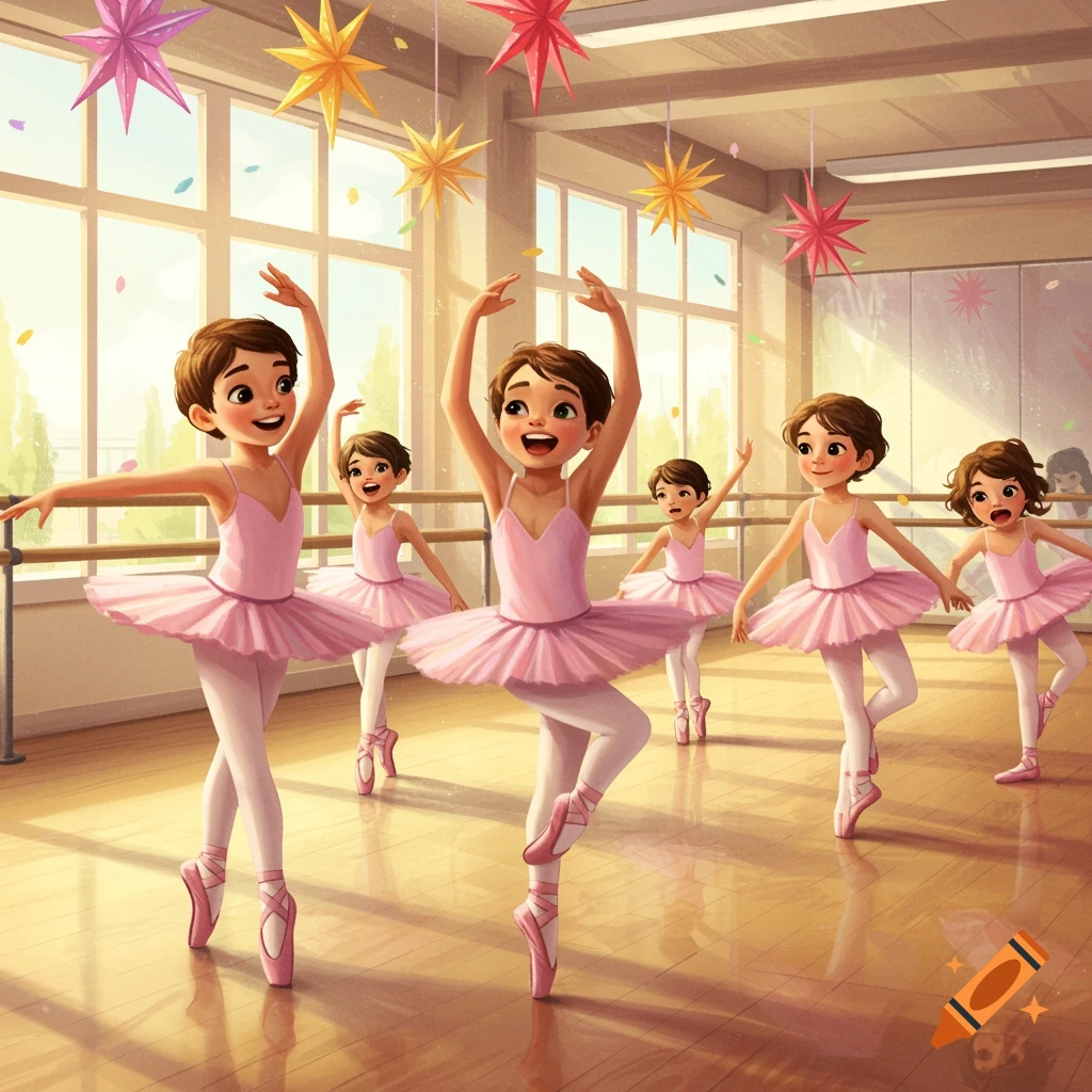Illustration of young boys in pink tutus and pointe shoes practicing ballet in a bright studio decorated with stars.