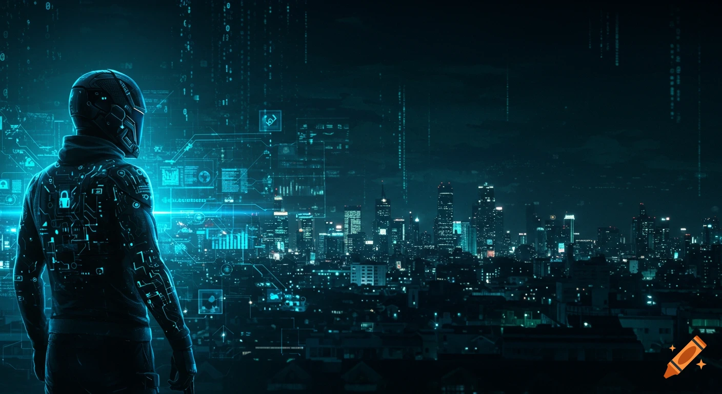 A person in a futuristic suit with glowing circuit patterns on their back overlooks a sprawling neon-lit cityscape at night, with digital data overlays and binary code falling from the sky, in a cyberpunk style.