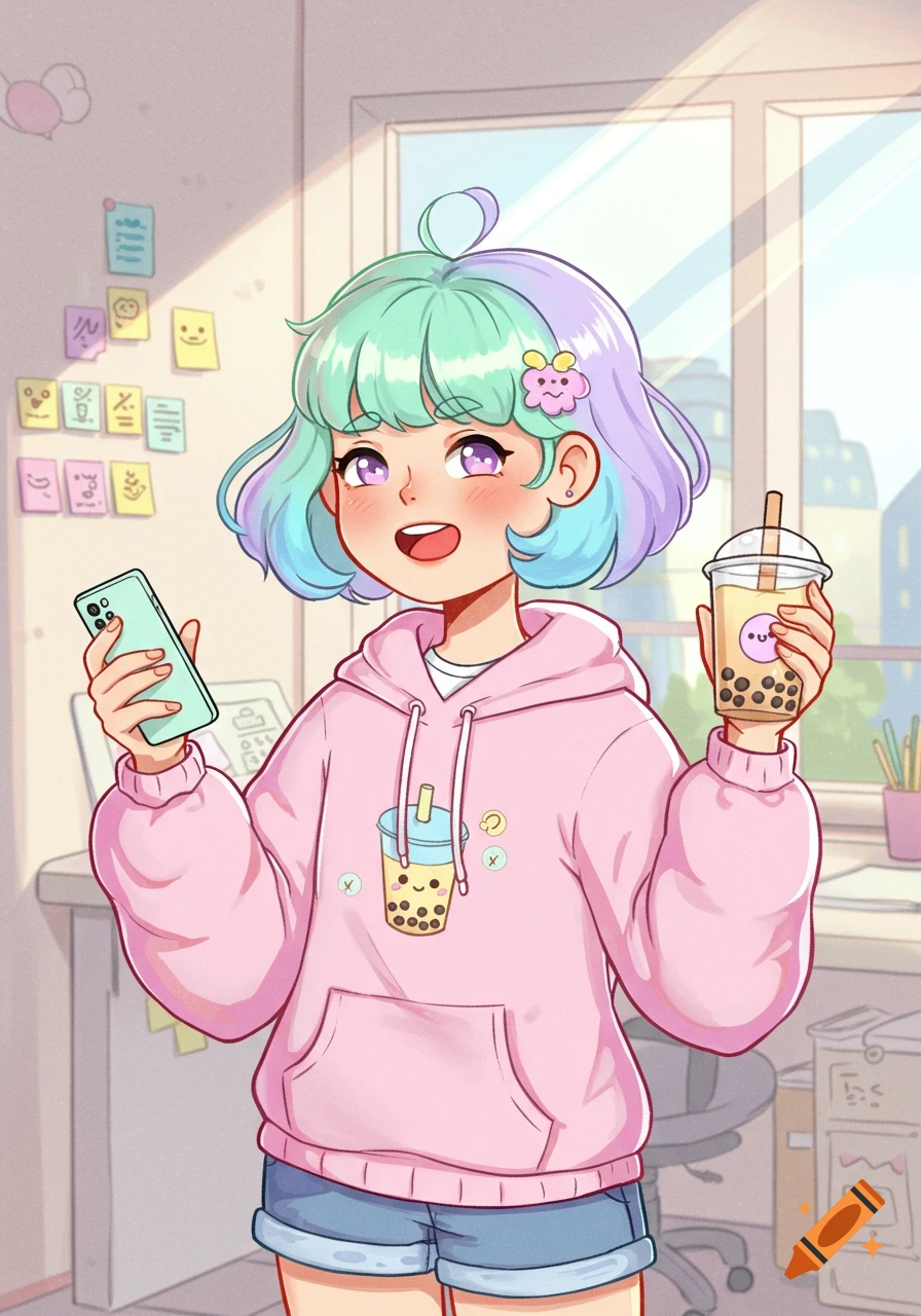 Cute anime girl with pastel hair holding a phone and boba tea in a sunny room, cartoon style.