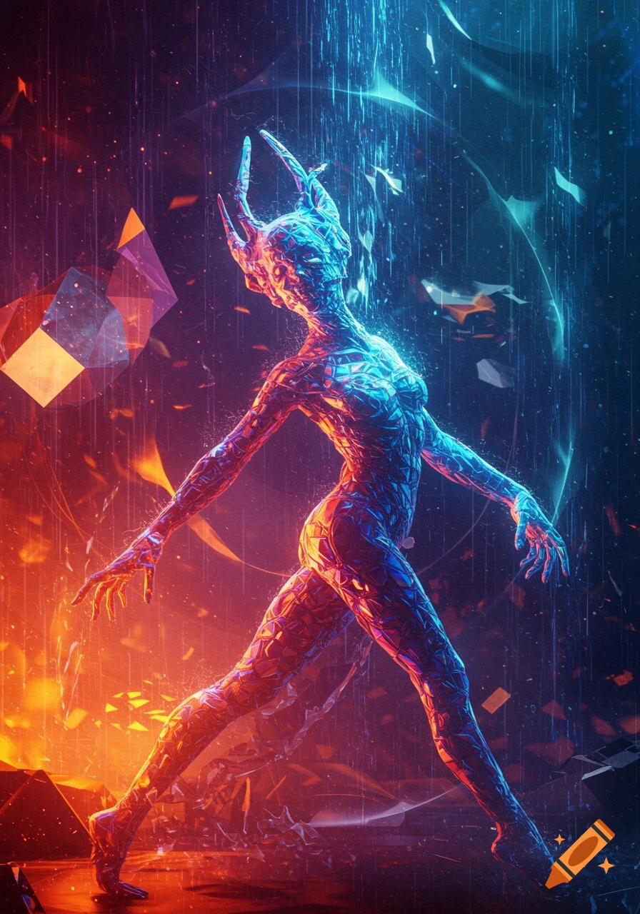 A glowing, crystalline figure with horns stands dynamically amidst shattered light and neon blue and orange hues. Digital art.