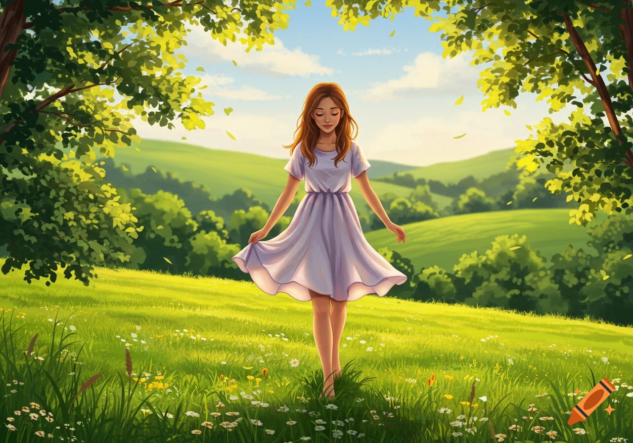A barefoot girl in a light dress walks through a lush green field with wildflowers under a sunny sky, framed by trees. Illustrated style.